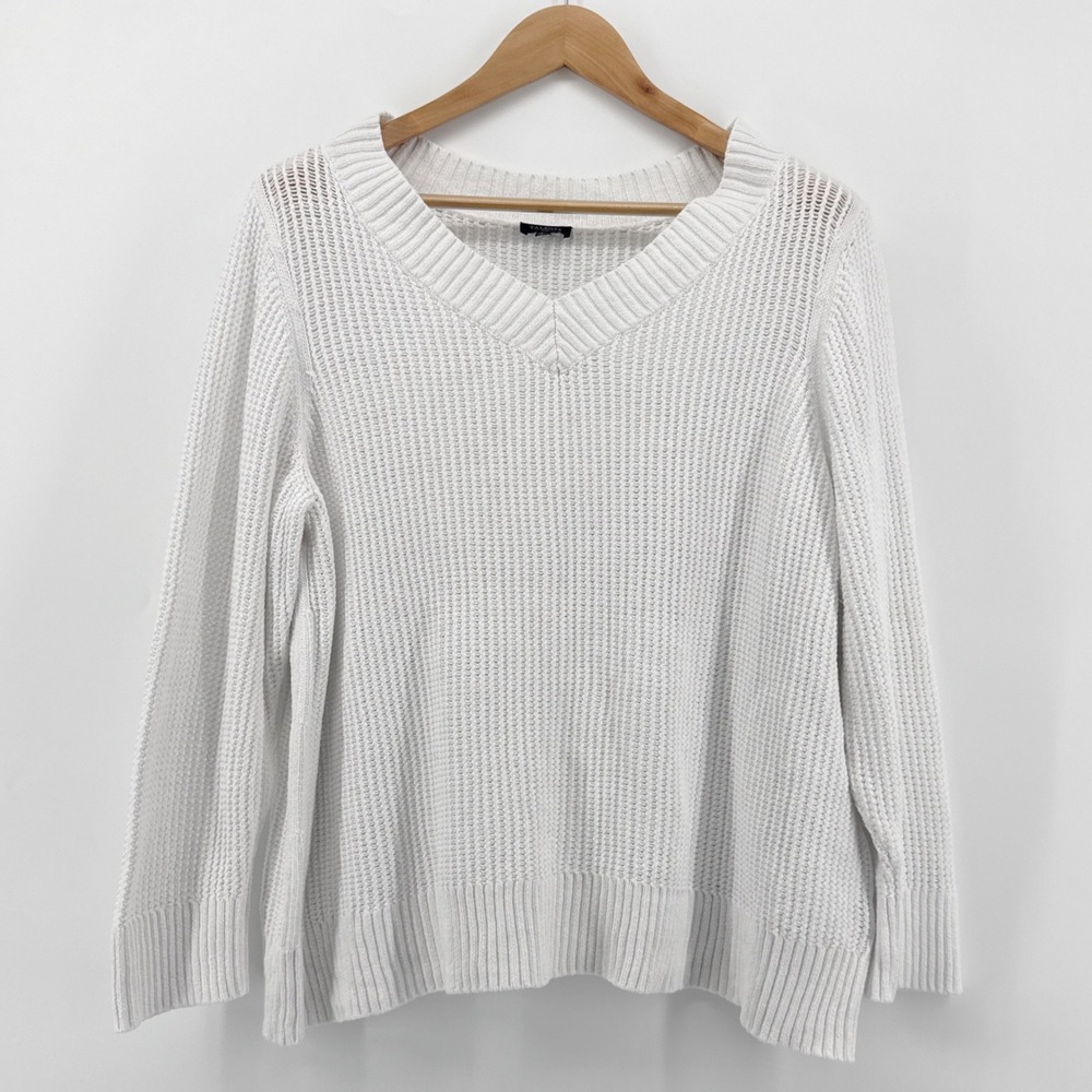 Talbots Plus White V-Neck Knit‎ Cotton Sweater Women Size 2X Long Sleeve